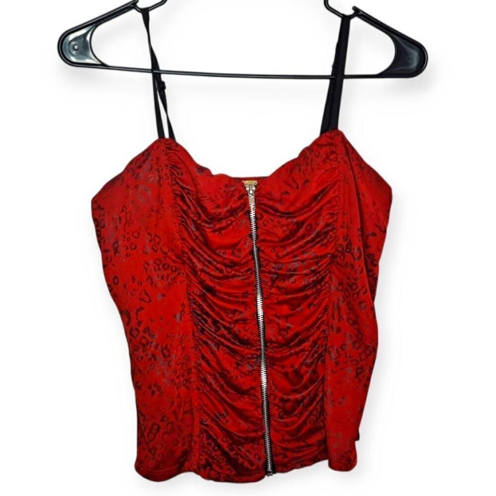 Wildcat Women's Y2K Leopard Print Ruched Zip Up Tank Red Black